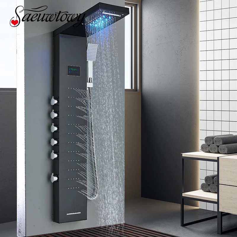 Bathroom LED Rain/Waterfall Head Shower Panel Digital Display Screen Massage Jets Waterfall Bath Tub Spout Shower Column