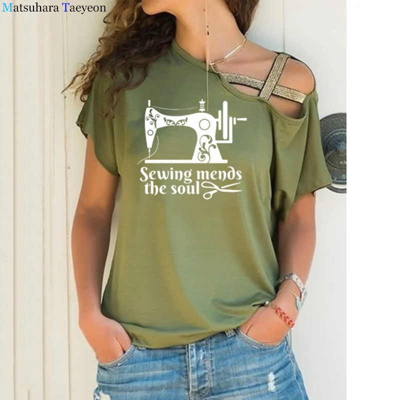 Sewing Mends T-shirt Funny Tshirt Women Graphic Quilting Top Tee Shirt Irregular Bandage Summer Shirts for Women