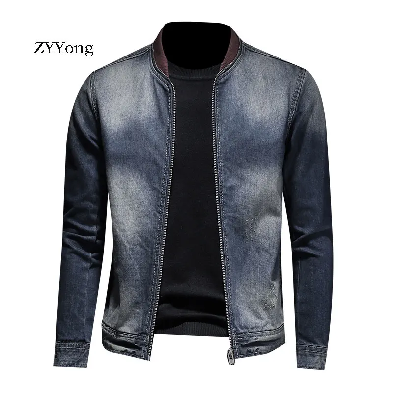 Spring European Style Stand Collar Colorblock Bomber Pilot Blue Denim Jacket Men Jean Coat Motorcycle Casual Clothing Overcoat