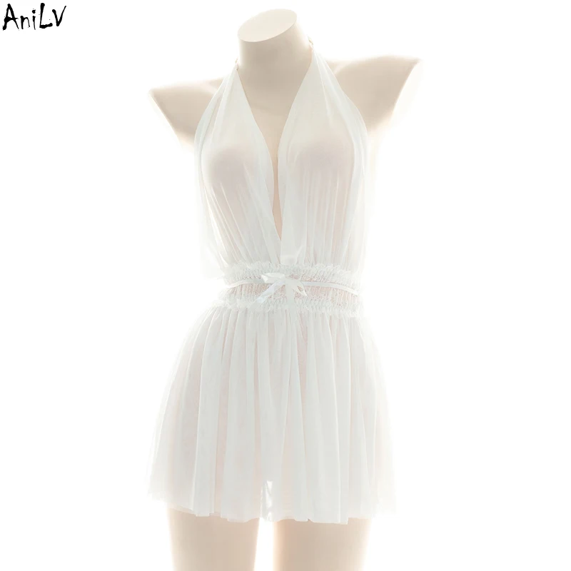 AniLV Women Dream Chiffon Perspective Sexy Nightdress Temptation Nightgown Yarn Dress Erotic Lingerie Uniform Pajamas Costume