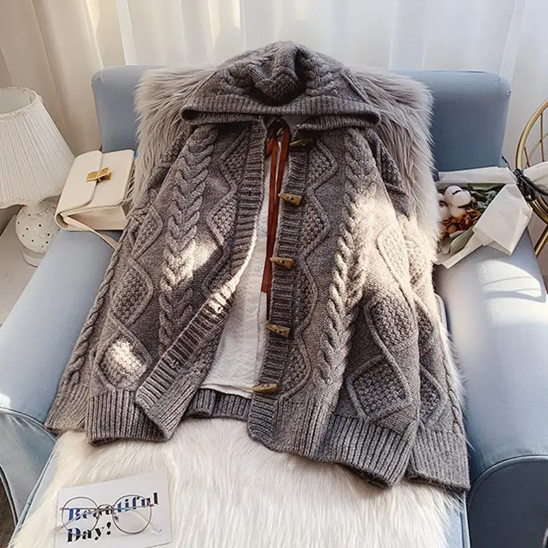 Hooded twist sweater coat autumn and winter 2023 new women\'s loose outer wear lazy knitted cardigan