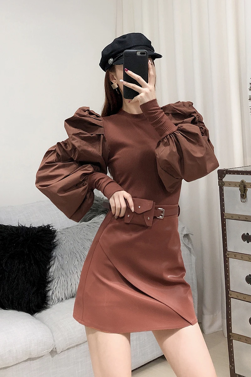 Ihobby Nữ Tay Phồng Đan Mỏng Áo Len Cổ Tròn Miếng Dán Cường Lực Thời Trang Dạo Phố Blusas Thời Trang Hàn Quốc