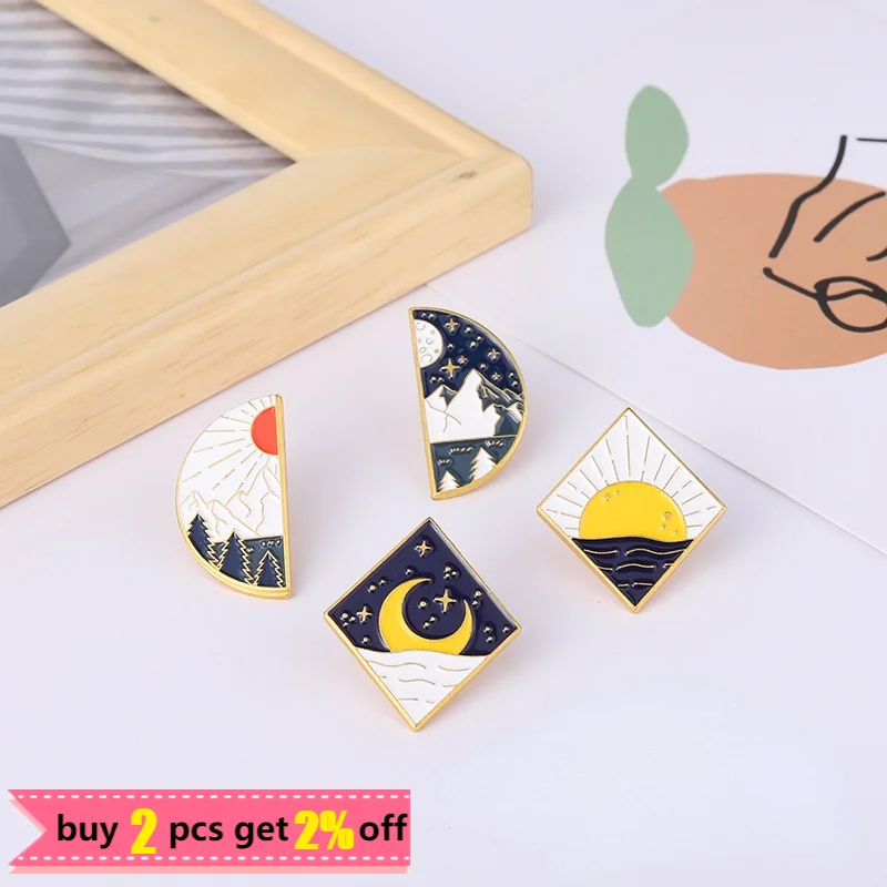 Sun Moon Star Forest Lake Enamel Pins Badges Outdoors Adventure Brooches for Women Cartoon Bag Lapel Pin Jewelry Gifts Wholesale