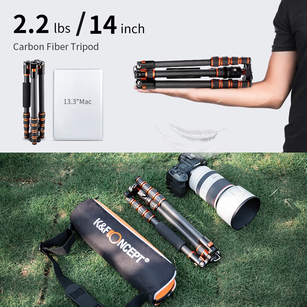 K&F Concept BA225 60 inch Carbon Fiber Tripod Lightweight Aluminum Alloy Triangle Seat Detachable Monopod Reflexive Ball Head