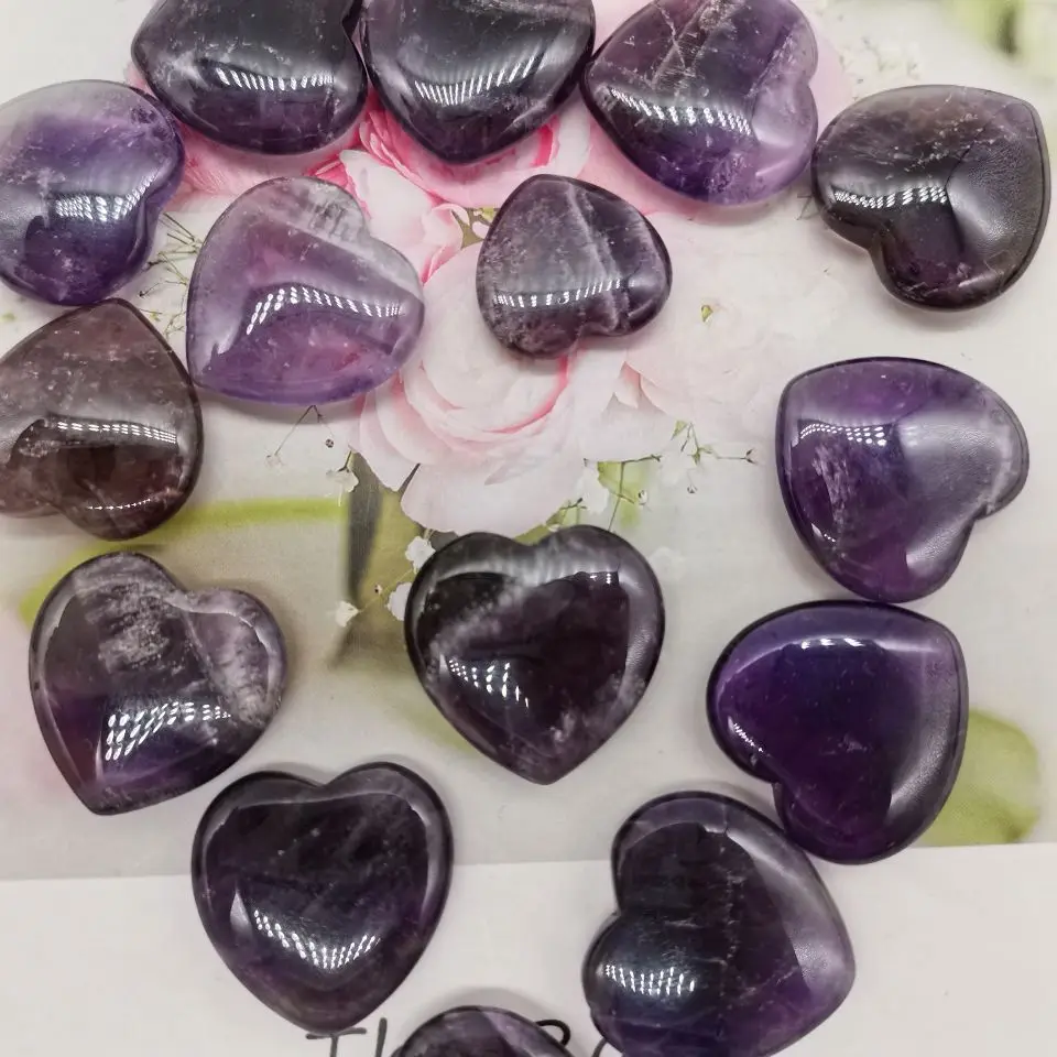 5pcs   AMETHYST Crystal Heart Stone Amethyst Polished Gemstone Flat Heart Carving