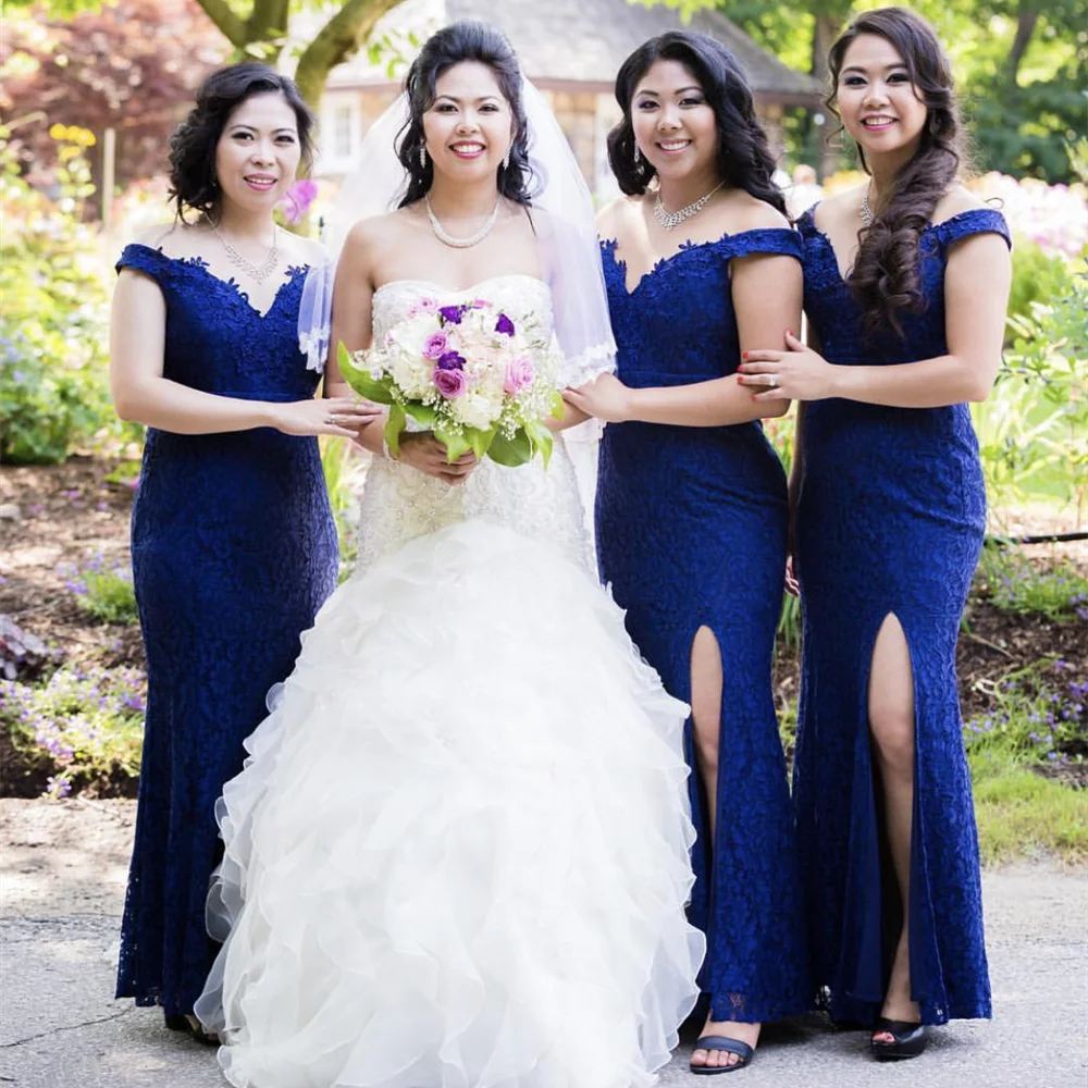 

Navy Blue Gorgeous Wedding Bridesmaid Dress Deep V-Neck Lace Applique Off The Shoulder Side Split Floor Length Party Gowns New