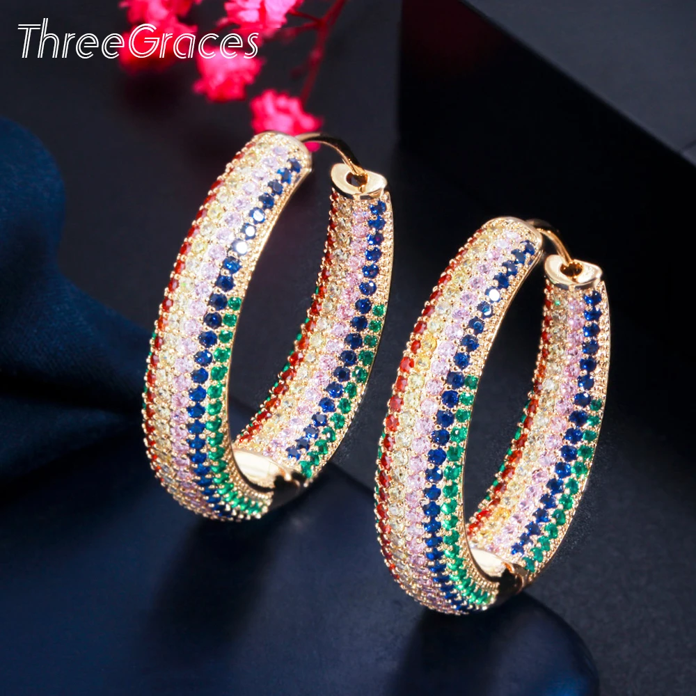 ThreeGraces Luxury Blue Green Cubic Zirconia Gold Color Big Circle Round Hoop Earrings for Ladies Wedding Party Jewelry ER544