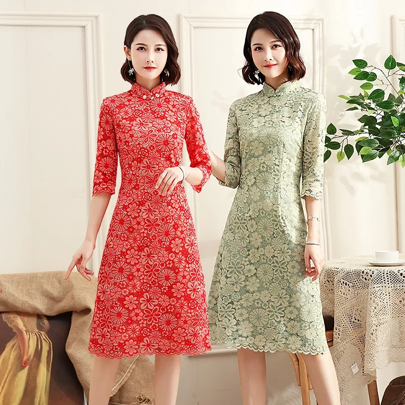 

Shanghai Story Oriental Dress Chinese Traditional Dresses Long Cheongsam Half Sleeve Lace Qipao Women's Chinese Dress 2 Color