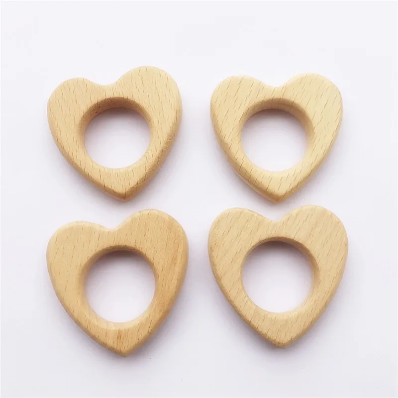 Chenkai 10pcs Wood Heart Teether Ring DIY Organic Eco-friendly Unfinished Nature Baby Rattle Teething Grasping Cartoon Toy