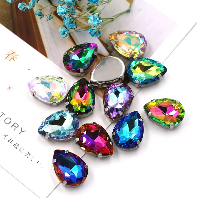 HFOUR 10x14mm/13x18mm Teardrop Shape Glass Crystal Sliver Claw Setting Ab Rhinestones Sew On Garment/Bags/Shoes