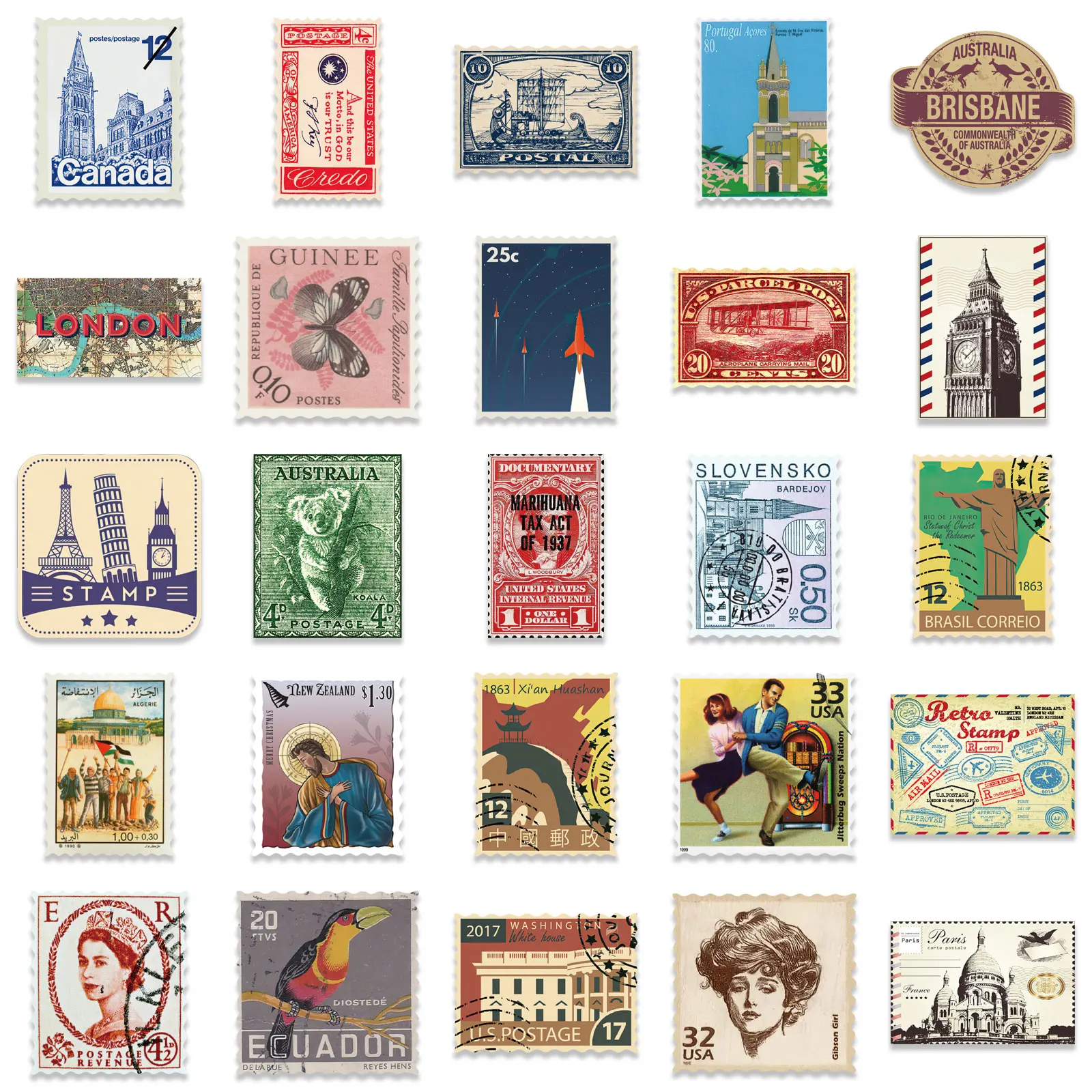 50PCS Vintage Stickers Retro Stamp Style Diary Planner Decorative Scrapbooking Stickers Craft Stickers Kids Toys