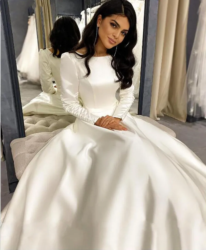 

Customized Simple Modest Princess Wedding Dress 2025 Satin Long Sleeve Elegant Muslim Bridal Gowns Buttons Country Customized