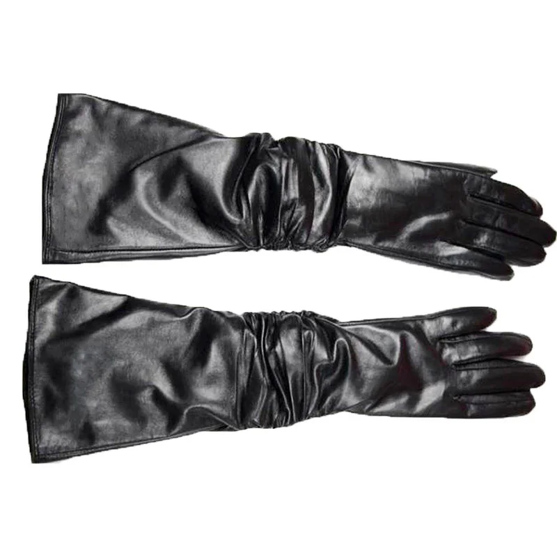 Fashion Long Leather Gloves Women\'s Sheepskin Black Velvet Lining Autumn and Winter Warm Gloves Free Shipping