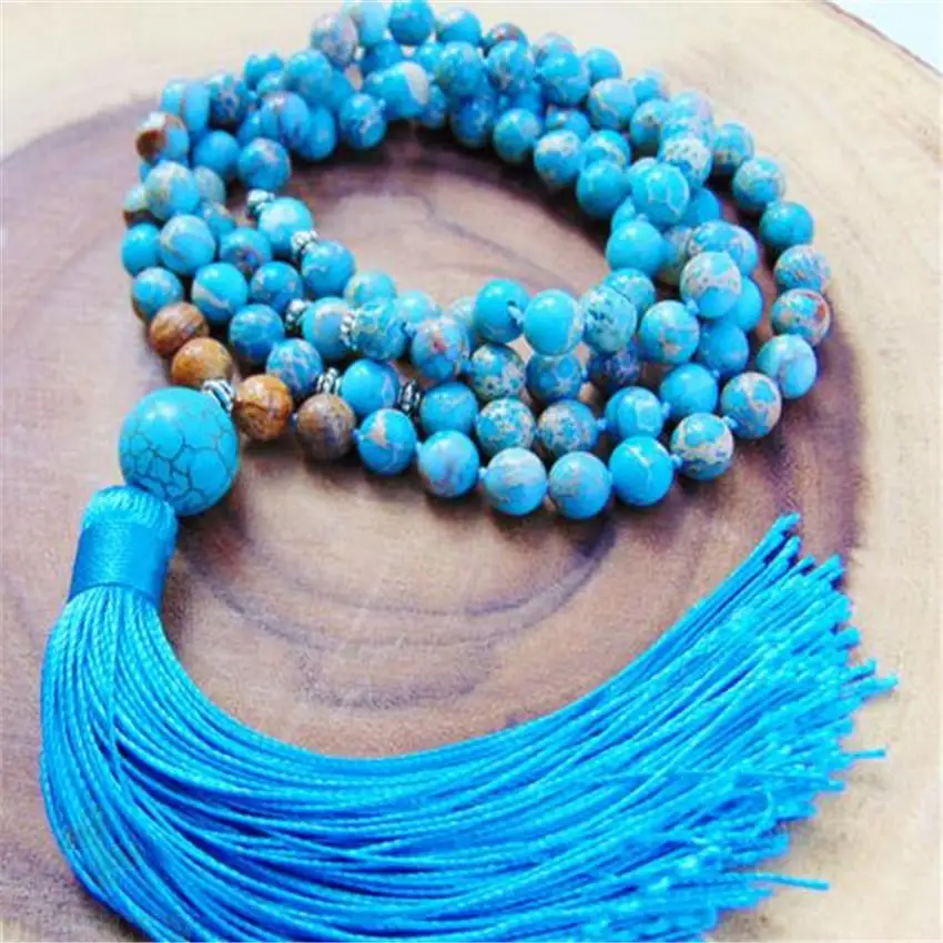 

6mm Blue Imperial Gemstone 108 Beads Tassels Mala Necklace Wrist Buddhism fengshui Lucky cuff pray MONK natural Chakas Prayer