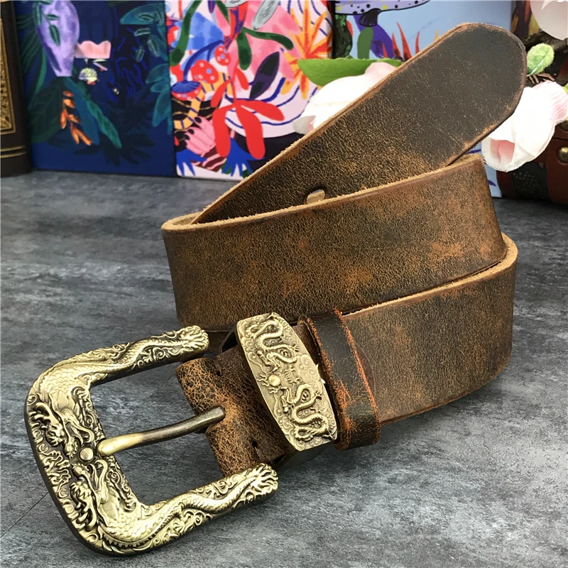 Chinese Dragon Cowboy Brass Belt Buckle Men\'s Belt Ceinture Homme Yellow Belt Male Wide Jeans Men Leather Belt Riem MBT0099