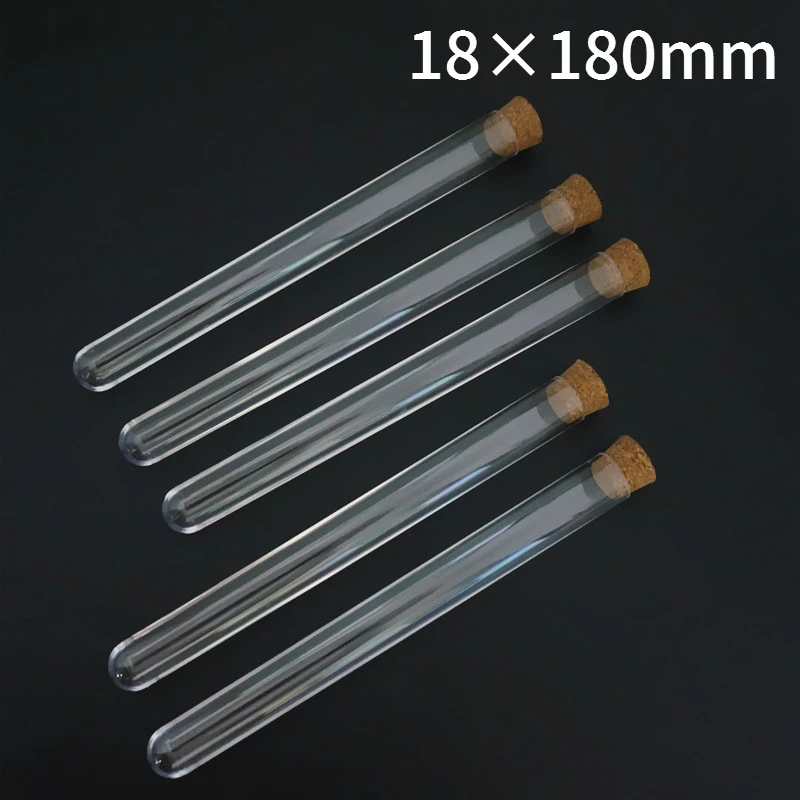 100Pcs/Pack 18x180mm 30ml Round Bottom Plastic Test Tube with Cork Hard Transparent Packing Vial lab School Wedding Favours