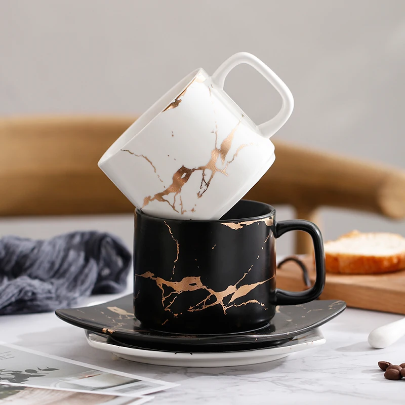 Luxury Marble Ceramic Mugs Coffee Cup Saucer Sets Morning Mug Milk Coffee Tea Breakfast Porcelain Cup With Tray Drop Ship