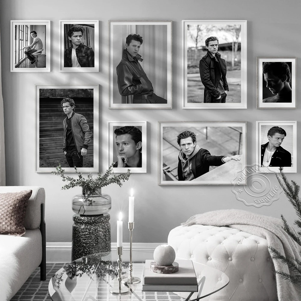 England Famous Actor Tom Holland Black And White Art Poster, Movice Tv Star Actor Portrait Wall Picture, Fans Collection Prints