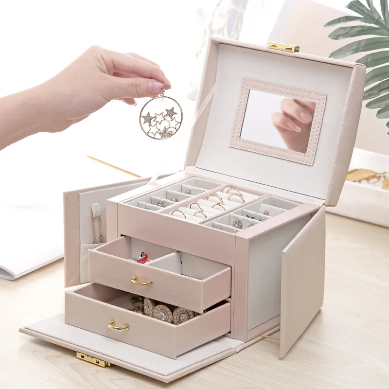 

Women Leather Jewelry Storage Box Large Capacity Portable Jewelry Box Lady Cute Multifunction Necklace Earring Ring Storage Box