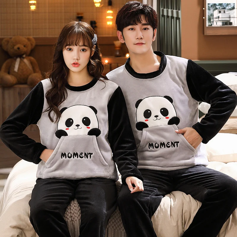 Autumn Winter Thick Warm Flannel Pajama Set For Lovers Coral Velvet Sleepwear Suit Panda Pyjamas Lounge Homewear Home Clothes