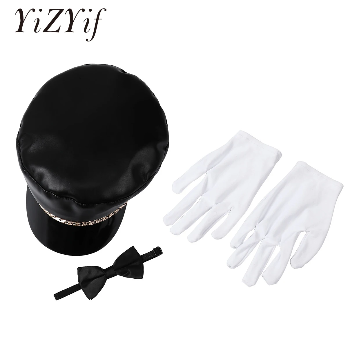 Black PU Leather Chauffeur Hat Limo Driver Costume Flat Top Cap with Gloves and Bow Tie for Men and Women Daily Wear Dress Up