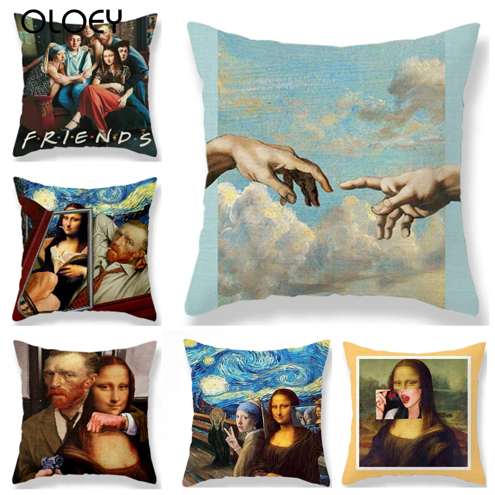 Portrait Oil Painting Cotton Linen Cushion Cover Mona Lisa Pillow Case Decorative For Sofa Car Chair Gift 45x45cm