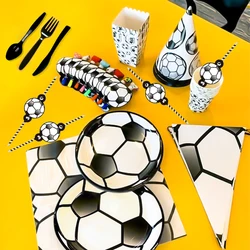 Black white football Party Decoration Paper Plate Cup Disposable Tableware Soccer Flag Boy Birthday Party Decor Supplies