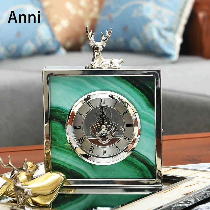 

Creativity Green Agate Texture Table Clock Nordic Classical Gild Silver Deer Decorative Clocks Office Ornaments Home Decoration