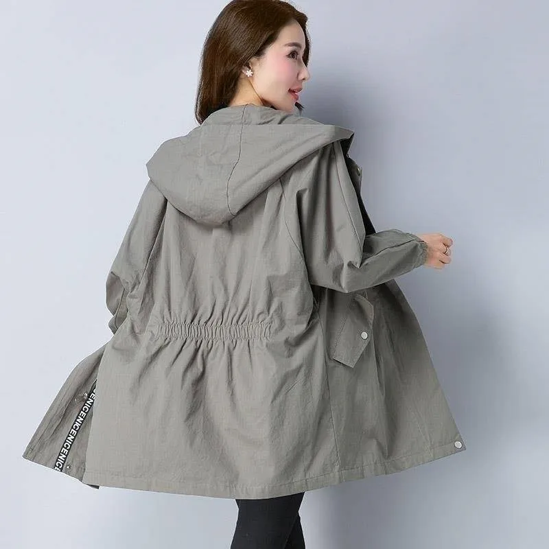 

New Spring Autumn Trench Coat Women Casual Long Sleeve Hooded Medium Long Female Overcoat Femme Windbreaker Coats 5XL Y256