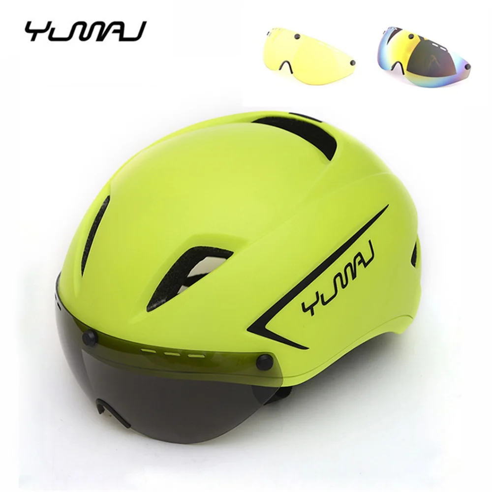 3 lens New Aero TT Road Bicycle Helmet Magnetic Goggle Racing Cycling Bike Sports Safety Helmet TT Timed Road Bike Helmet Lens