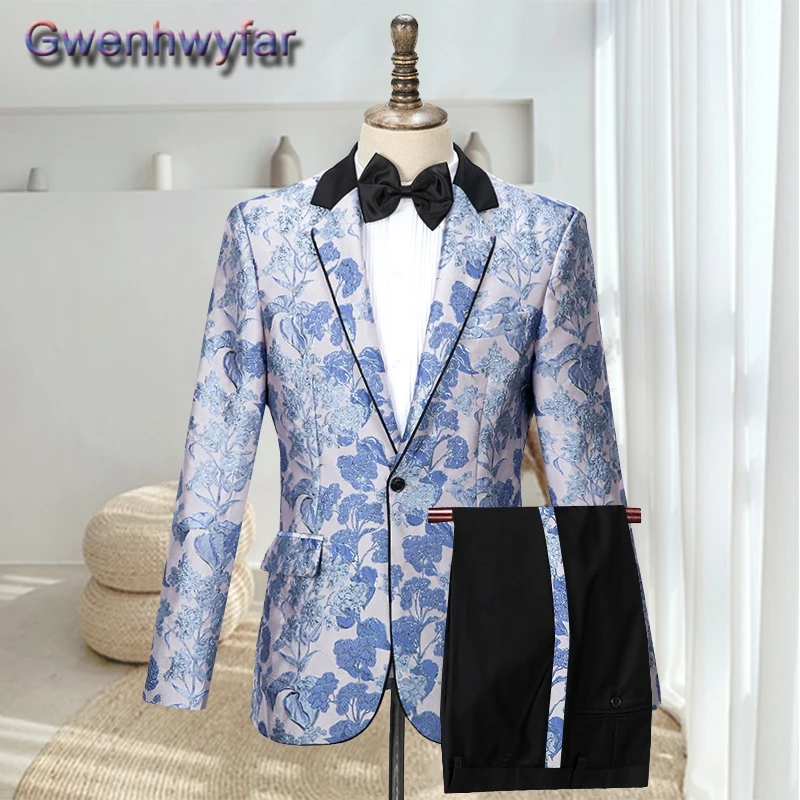 

Gwenhwyfar Floral Print Men Suits Big Size Male Notched Lapel Suit Slim Fit Blazer Wedding Terno Tuxedo Custom 2Pcs Jacket& Pant