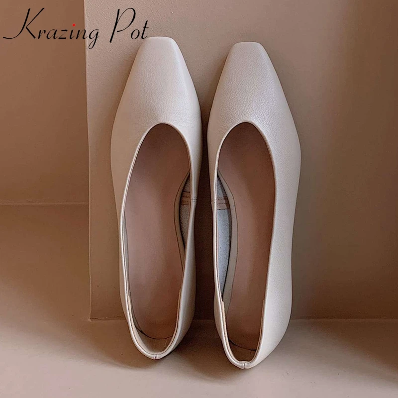 Krazing Pot Full Grain Leather Small Square Toe Low Heel Shoes Women High Street Fashion Office Lady Daily Wear Cozy Pumps