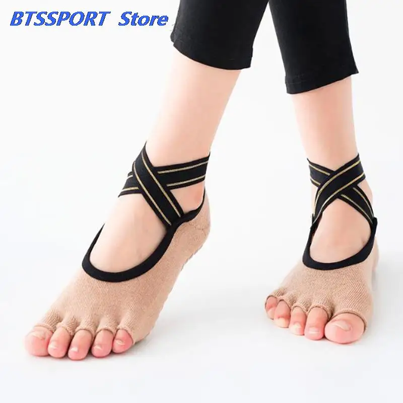 Yoga Socks Anti-slip Five Finger Backless Cross Bandage Silicone Non-slip Toeles