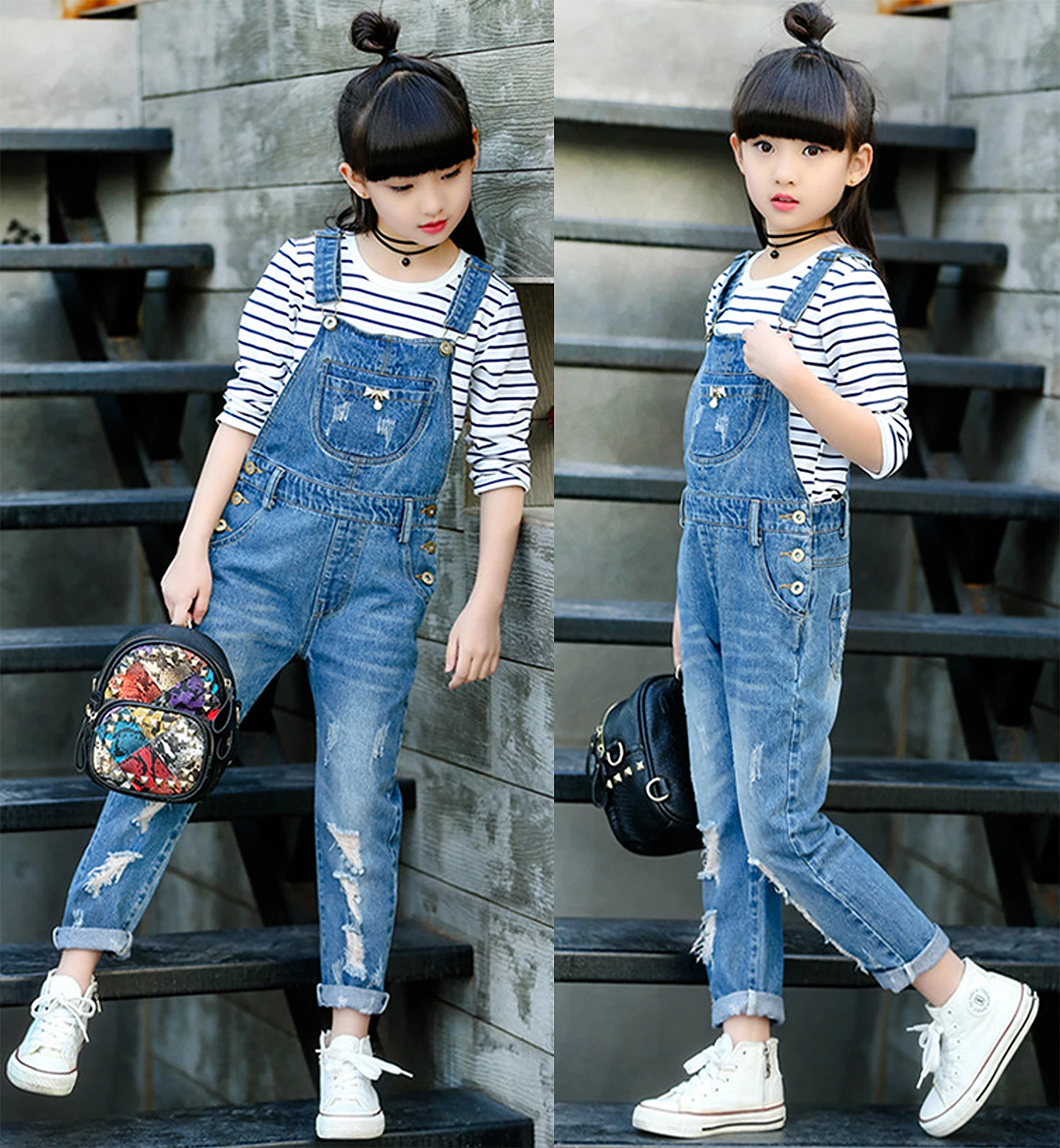 

5-13T Girls Overalls Kids Jeans Jumpsuit Ripped Holes Pants Spring Bib Suspender Denim Trousers Children Clothing Girl Clothes