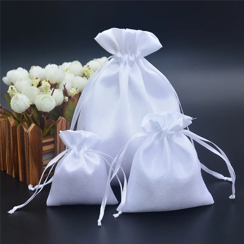 Bolsa De satén blanco con cordón, embalaje de tela de seda para dulces, joyas, collares, anillos, cuentas, 7x9, 10x12, 16x20 cm, 10 unidades por lote