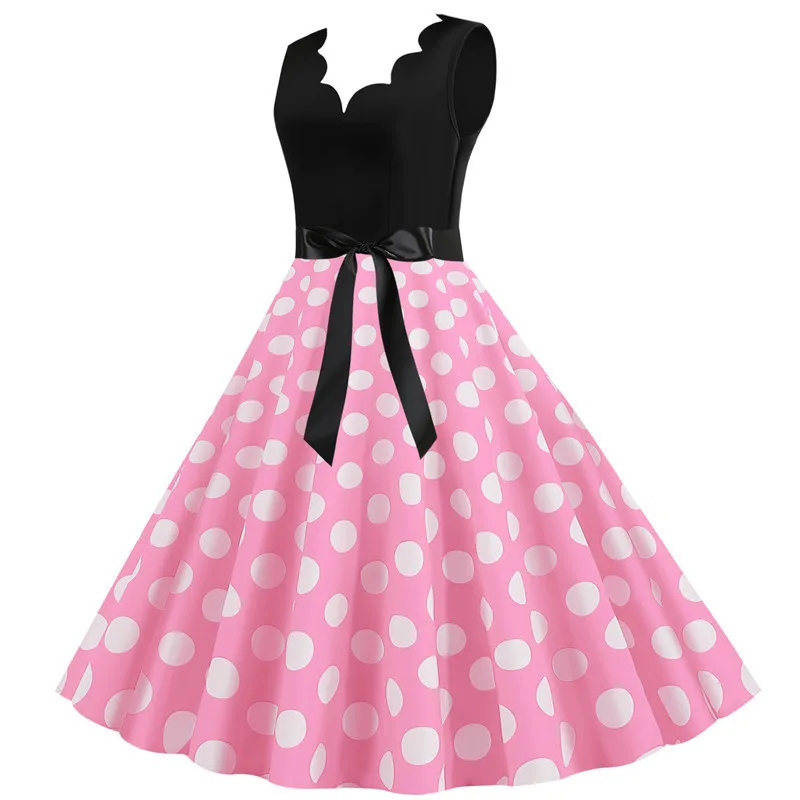 Polka Dot Print Women Summer Dress Black Patchwork Sleeveless V Neck Elegant Vintage Party Casual Midi Dress