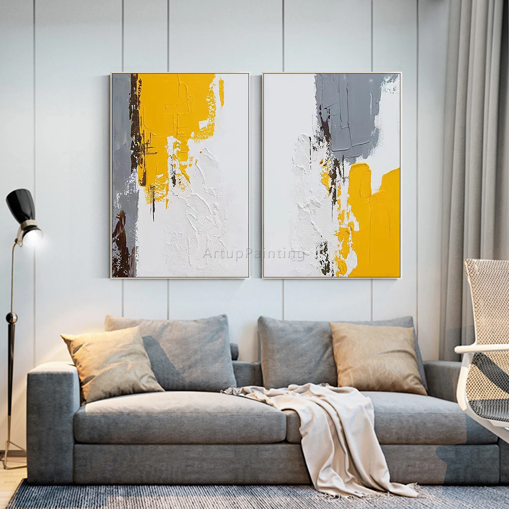 Set of 2 Modern abstract Grey Yellow Brown Hand painting on canvas wall art pictures for living room decoracion wall poster