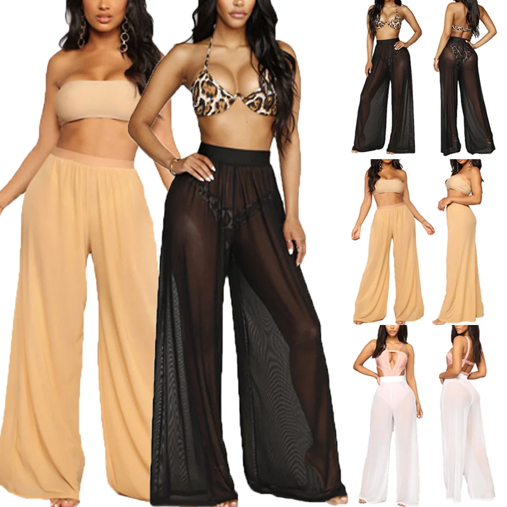 Women See Through Mesh Flare Cover up Pants Swimsuit Bikini Bottom Cover up Elastic Waist Loose Wide Leg Long Pants Trousers