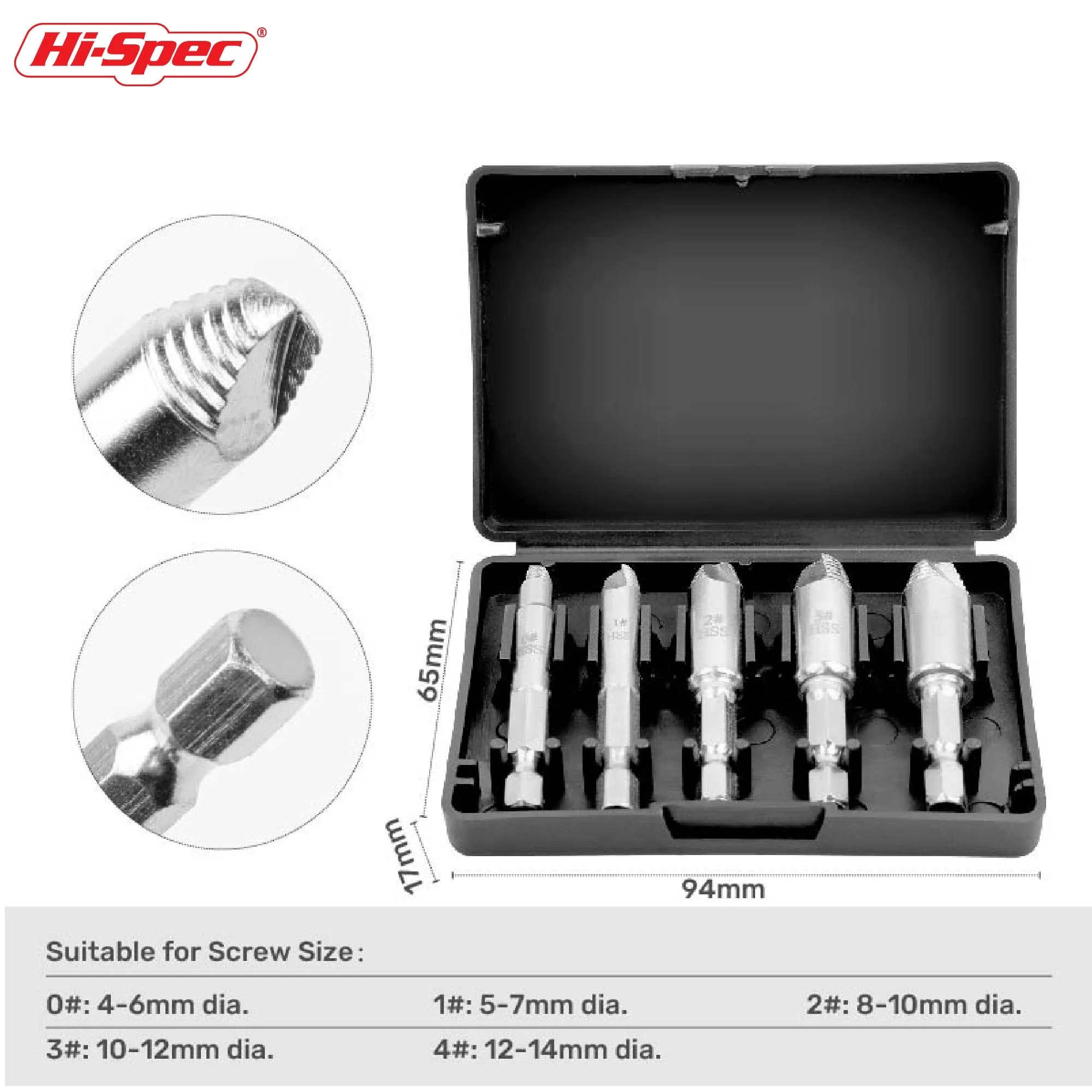 Hi-Spec 5 Pieces of Damaged Screw Extractor, Hexagonal Handle Screw Stripper, 5-18 Mm Broken Screw Removal Power Tool