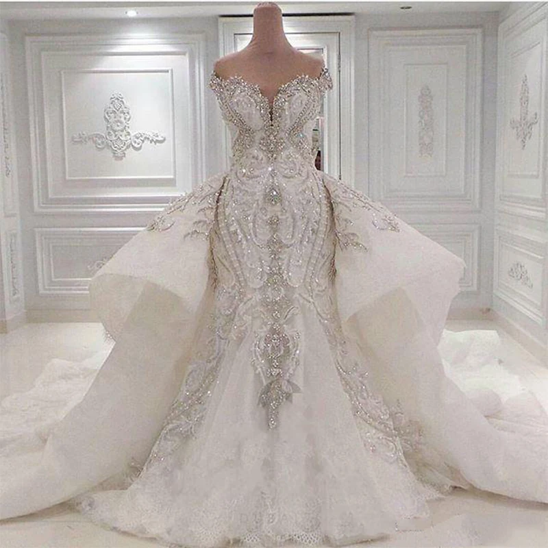 Luxury 2025 Lace Mermaid Wedding Dress With Detachable Overskirt Dubai Arabic Crystals Bridal Gowns Customized Vestido De Novia