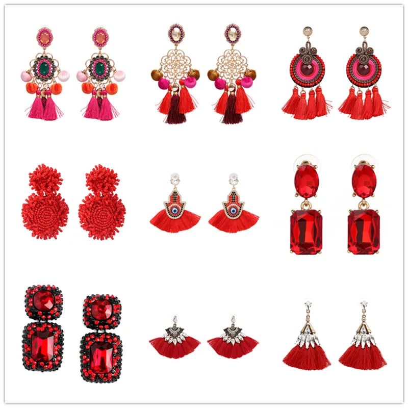 JURAN 32 Designs Red Bohemian Handmade Tassel Earrings For Women Female Crystal Dangle Earring Brincos Statement Fashion Jewelry