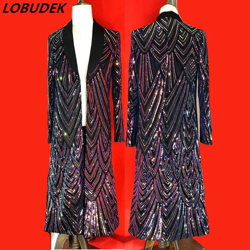 

Men's Singer Concert Stage Performance Faux Fux Sequin Overcoat Fashionable Shiny Prom Celebrate Party Extra Long Coat Costume