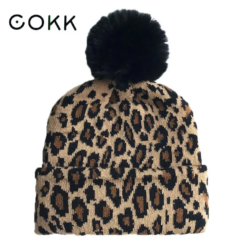 

COKK Winter Hats For Women Beanie Leopard Print Thickened Warm Hat With Black Pompom Ball New Korean Bonnet Femme Cap New