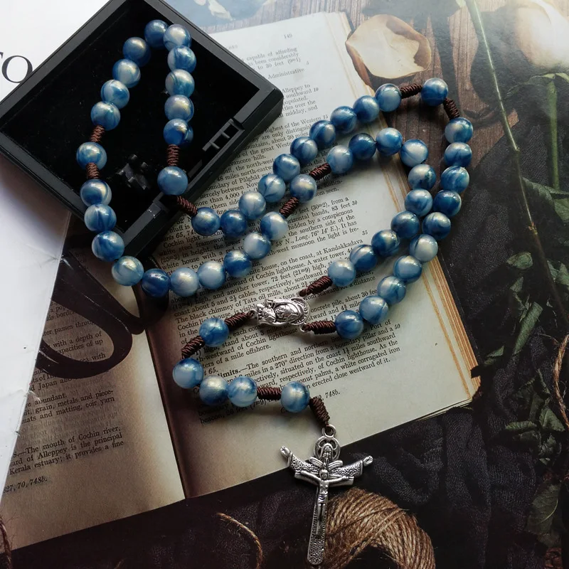 Virgin Mary Jehovah Christ Jesus Crucifix Cross Rosary Necklace Blue Prayer Beads Chain Religious Baptism Confirmation Jewelry