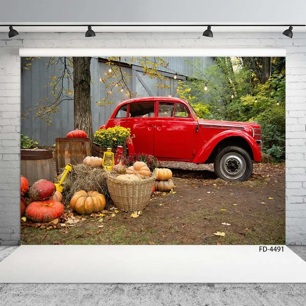 Red Car Pumpkins Basket Leaves Photo Backgrounds Custom Photography Backdrop for Children Baby Home Halloween Party Photophone