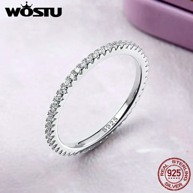 WOSTU Genuine 100% 925 Sterling Silver Glitter Stackable Circle Finger Rings For Women Engagement Wedding Round Fine Jewelry