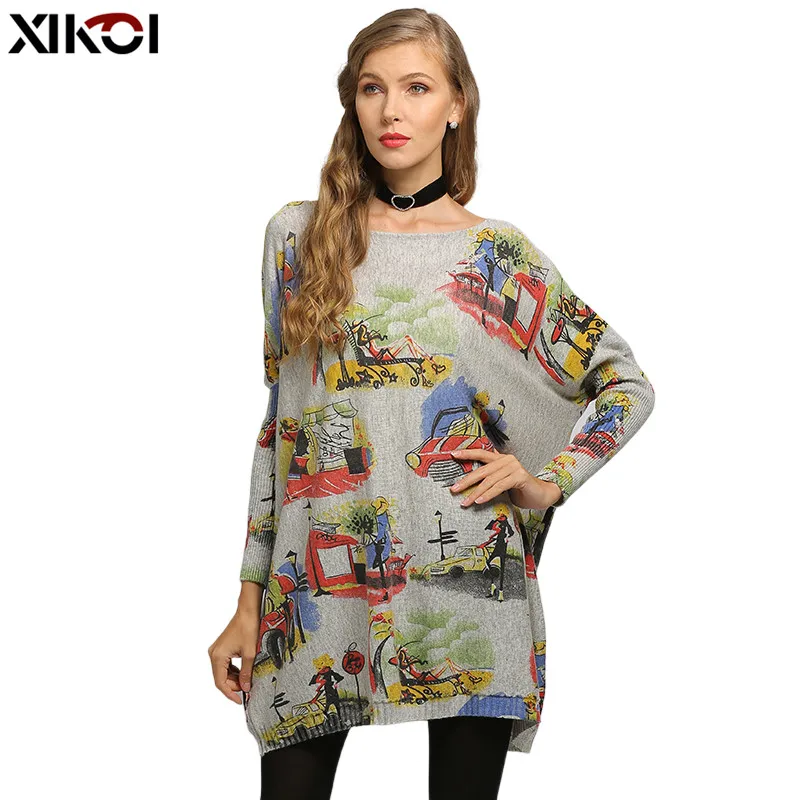 XIKOI Oversized Sweater Women Pullover Long Dress Soft Warm Batwing Sleeves O-Neck Pull Knitted Sexy Holiday Style Print Clothes