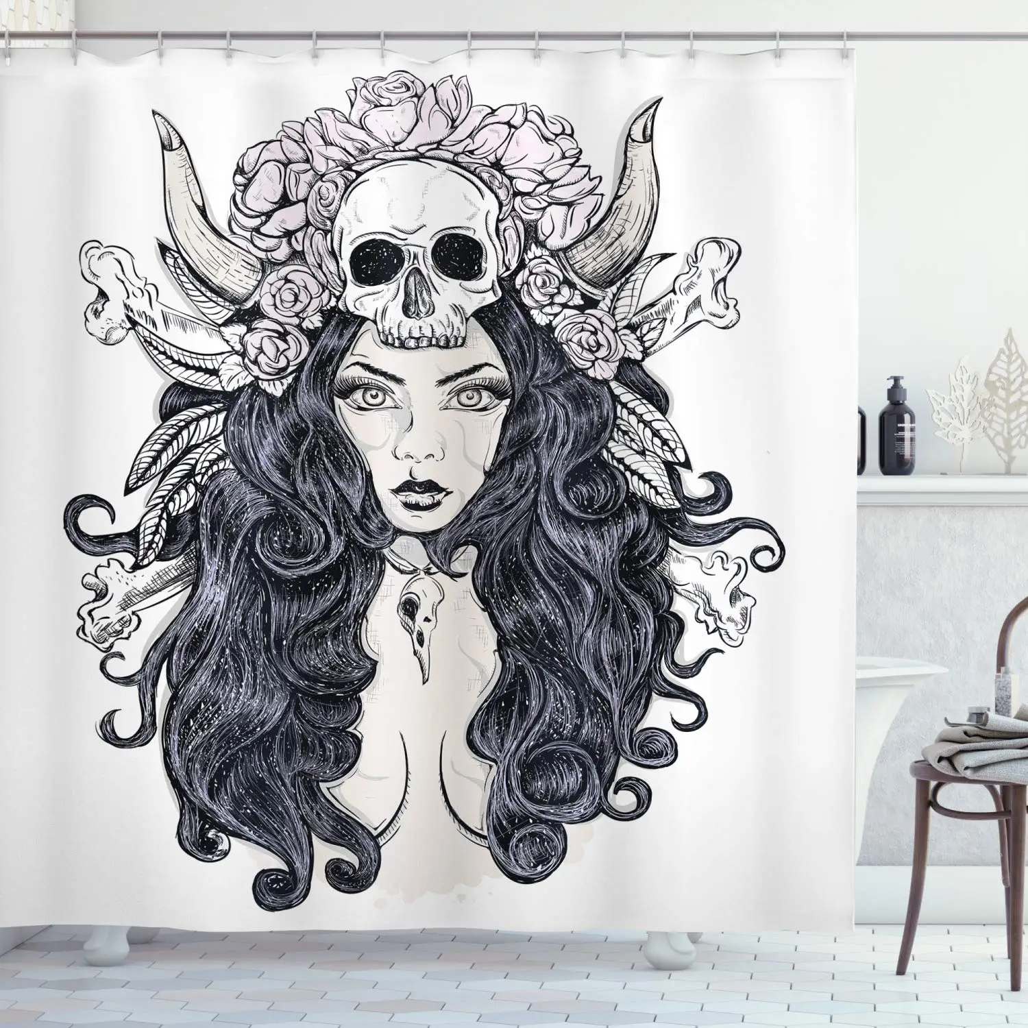 Gothic Decor Collection Woman with Long Hair and Horns Roses Skull Mysterious Hunted Folklore Artwork Polyester Bathroom Shower