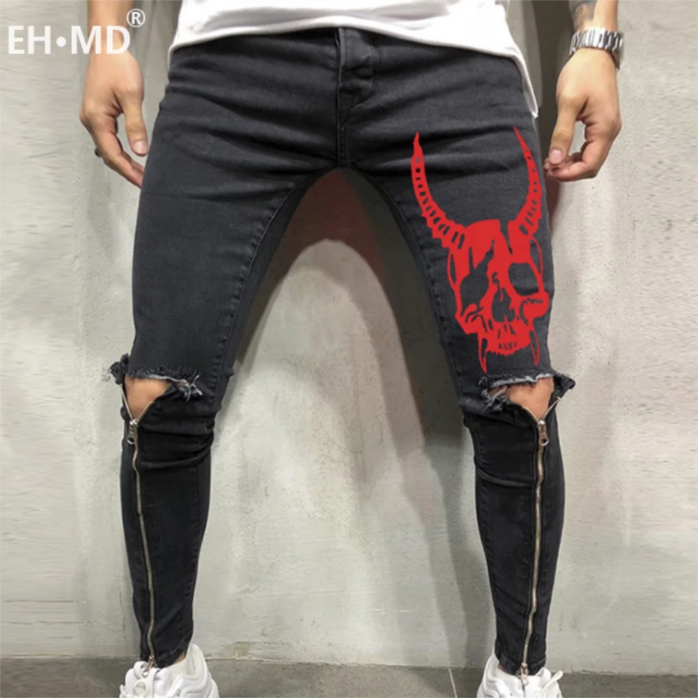 EH·MD® Four Seasons Sports Trousers Men Large Size Skull Print Splice Slim Feet European and American Jeans Men\'s Hole Zipper