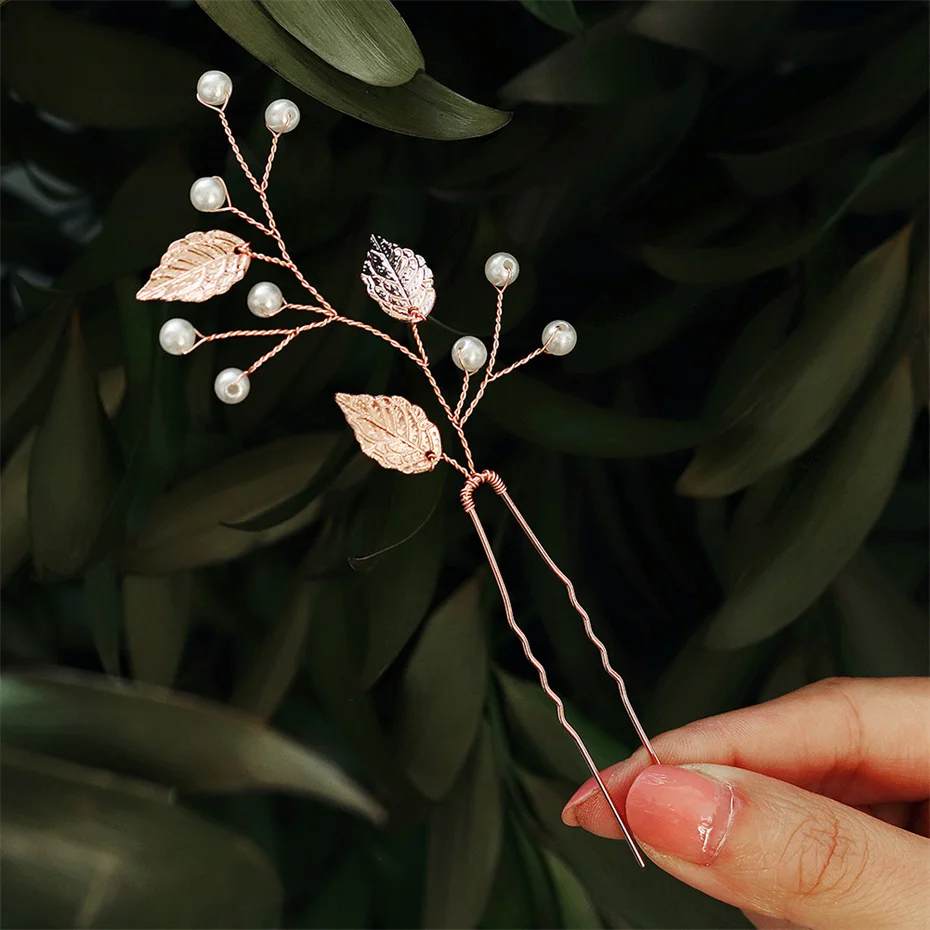 Rose Gold Color Leaf Pearl Hair Pin Wedding Hair Accessories Bridal Clip Head Jewelry for Women Bride Headdress Bridesmaid Gift